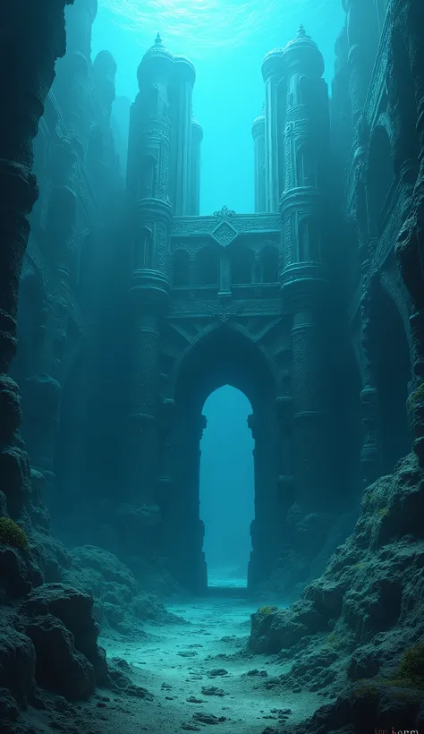 ancient architecture sunk deep under the sea, meticulous and meticulous techniques, complicated, mysterious and overwhelming, clear blue, contrasts of light and shadow, 2.5D, artistic photography, hyper realistic, graphic CG digital art, ultra detailed, ab...