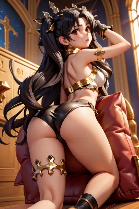 8k quality artwork ishtar with curly hair, backwards, back view, looking at the camera out of the corner of my eye, delicious up...