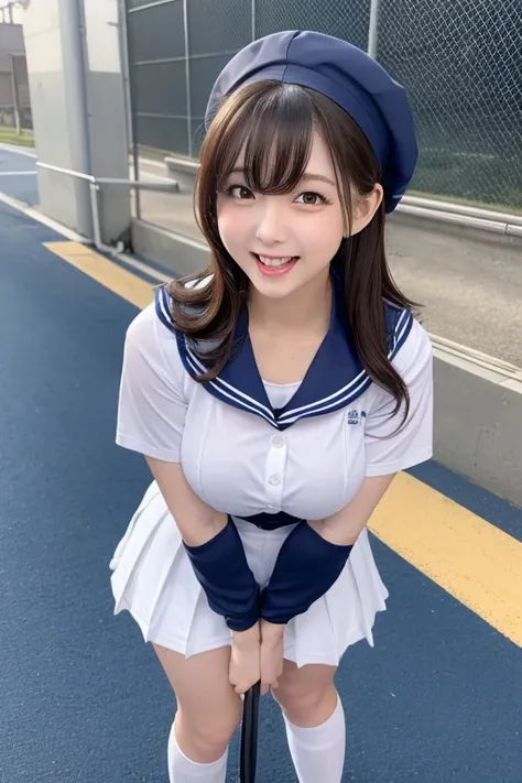 Batting Center Bat, Highest quality, shape, Very detailed, In detail, High resolution, 8k wallpaper, Perfect dynamic composition, Beautiful details,  Natural Lip, Cute sailor uniform and loose socks, Big Breasts,Cleavage，, She laughed、She makes cute poses ...