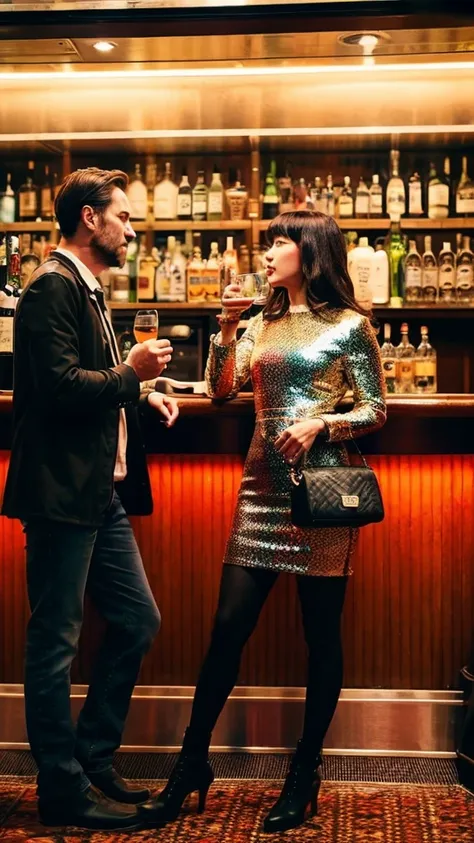 standing bar　drinking bourbon　a man in his 40s wearing a jacket　a woman in her 30s wearing a sequined bodycon dress　talk　astring...