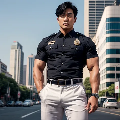 handsome korean policeman, (3), muscular, strong character, black hair (crotch lump) standing in the middle of a city background