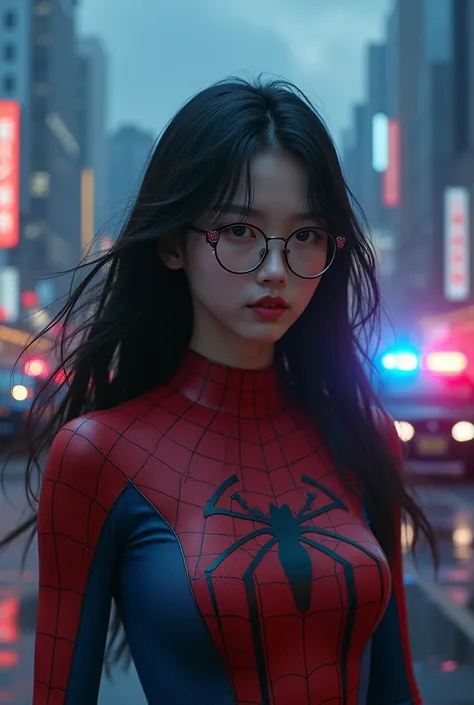 1 korean young girl wearing torn spiderman costume, beautiful detailed spectacles,spiderman pose, beautiful detailed lips, extremely detailed eyes and face, long black hair, slim body, grabbing police officers, night city, police officers, police vehicles,...