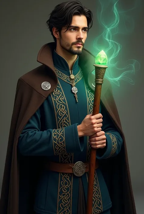 Imagine a young adult inspired by Merlin and Doctor Strange, with a serene and mystical appearance. He has dark brown hair, cut in simple ways, and a short, well-groomed beard that accentuates his wise countenance. Her face combines noble features with a t...