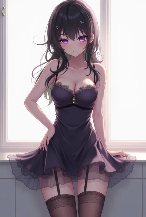 Yamashiro ren girl with black hair, violet eyes, short dress, panties, stockings, long