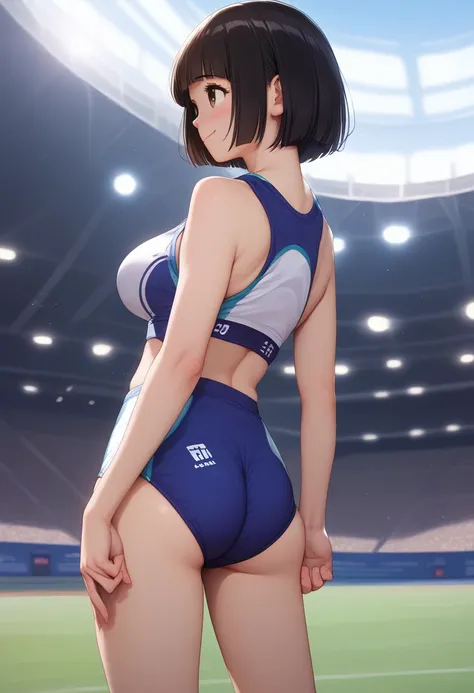 score_9,score_8_up,score_7_up,masterpiece,highest quality, source_anime, realistic, super detailed, extreme detailed, rating_safe, 
1girl, standing, from behind, ass focus,  (looking another:1.4),
BREAK girl, 22yo, short hair, bob cut, (blunt bangs), black...