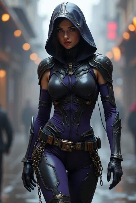 Full body female hero costume with hood without sleeves on arms, with a belt around the waist with black and purple objects and high boots