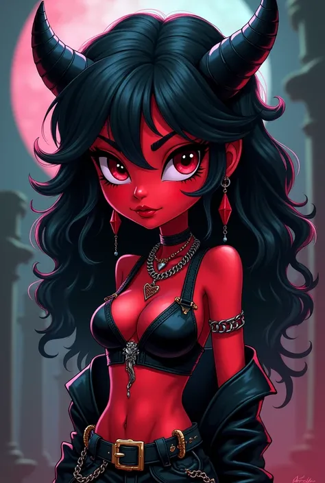 A dark fantasy style cartoon drawing of an attractive demon girl, with black horns, wavy black hair, Red skin and 1980s glam rock style clothing, various accessories and chains