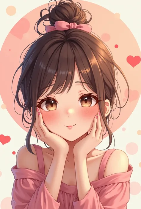 An 8K high definition cinematic. An illustration of a Korean girl with a sweet and dreamy expression, resting her face on one hand and making a Korean heart sign with the other. She has brown hair tied in a messy bun with a pink ribbon. Her eyes are delica...