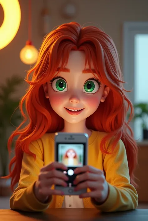 Create a picture of a redhead girl uploading a tiktok