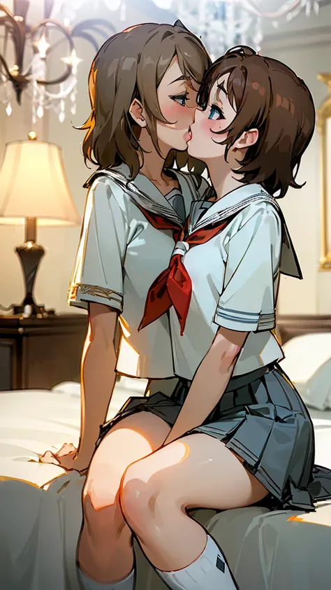 (((kiss:1.5))),1girl,((1boy)),,nsfw, you watanabe, short hair, blue eyes, brown hair, skirt, school uniform, short sleeves, pleated skirt, serafuku, socks, neckerchief, kneehighs, black socks, (red neckerchief:1.2), grey skirt, uranohoshi school uniform, -...