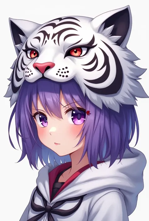 ((Highest quality)), ((masterpiece)), A purple-haired girl wearing a white tiger headgear,