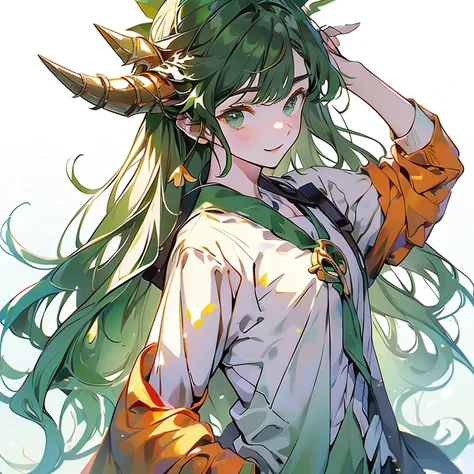 cute teenage boy,druid,Green silk dress with gold trim, get up ,The sun smiles brightly, A boy with long green hair, Wooden horns on the head, pure white background