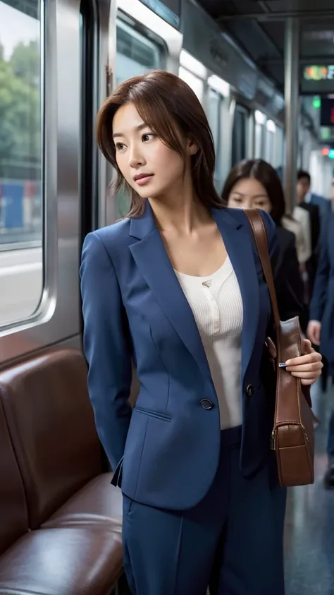 beauty,business suit,chest,nipples,小さいchest,ol,commute,train,miniskirt,casual,expose,chest,medium hair,upper body