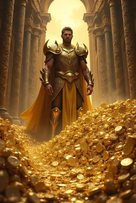 Background with a pile of gold，A guard