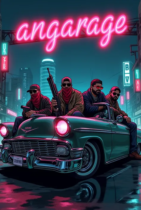 Gangstas with bandana and guns,sit in a lowrider,angarage text on background,ghetto,gta style,dark city,manga,anime