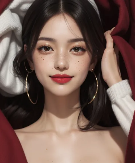 1 girl, Japanese, 4k, realistic, soft skin, texturized skin, short whavy black hair with bangs, bob hairstyle, colorful hair, shining brown eyes, red eyeliners, shining red lips, soft makeup, freckles, round gold earings, naked, covered by a red blanket, t...