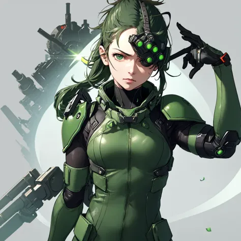 yoji shinkawa style, goggles on head, green eyes, glowing, glowing eyes, simple background, girl, solo, ((upper body, face and s...