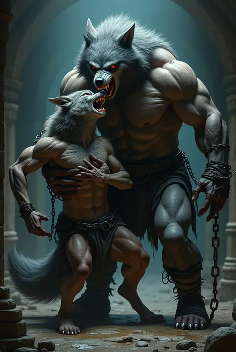 A large chained up gray anthro werewolf shoving his large dick into a smaller male anthro wolf in doggy style in a fantasy dungeon