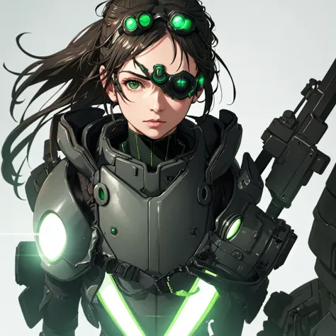 yoji shinkawa style, goggles on head, green eyes, glowing, glowing eyes, simple background, girl, solo, ((upper body, face and s...