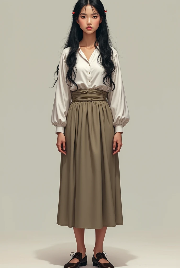 An 1 Lao student wearing a white long-sleeved shirt, a sarong, and dress shoes with long hair., black hair, chest, chestใหญ่, hair accessories, Realistic, 