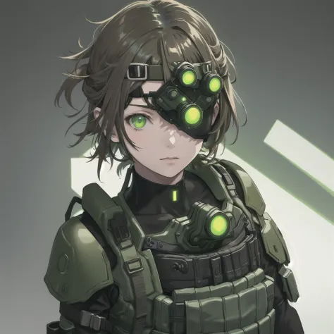 yoji shinkawa style, goggles on head, green eyes, glowing, glowing eyes, simple background, girl, solo, ((upper body, face and s...