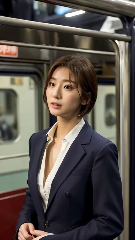 young,suit,chest,nipples,小さいchest,ol,commute,train,miniskirt,expose,chest,short hair,upper body