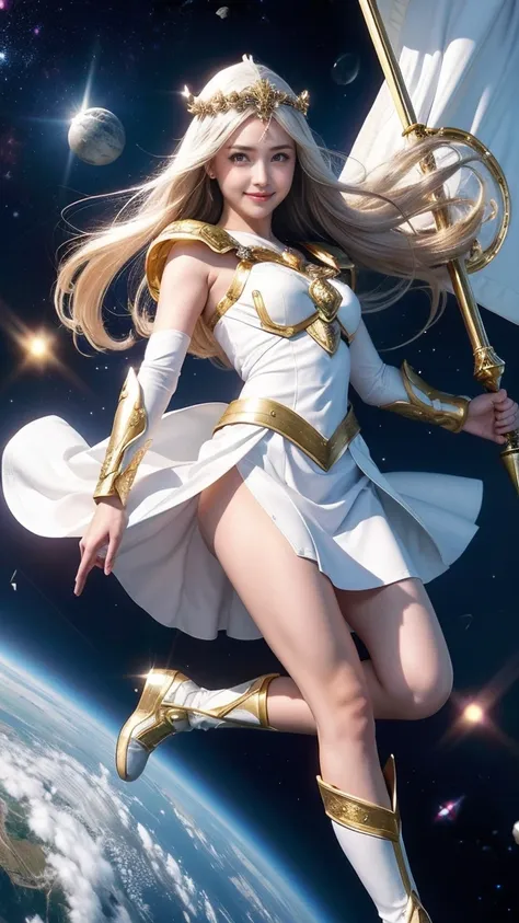 1girl, The Universe, Space Goddess,Gods Law, Goddess of Love, Selflessness、Dedication、Sacrifice、prayer、acceptance、Salvation、White Magic, Mystical veil, Goddess in white armor、White armor with gold edges、White Skirt、White Boots、He is holding a shield.、Circl...