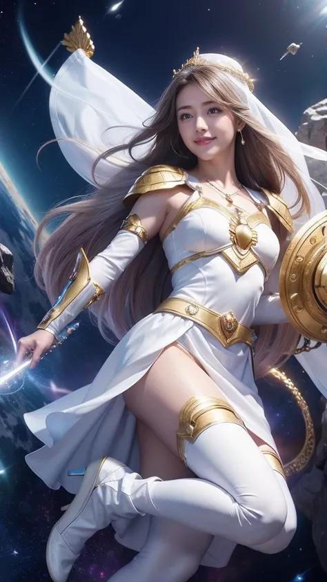 1girl, The Universe, Space Goddess,Gods Law, Goddess of Love, Selflessness、Dedication、Sacrifice、prayer、acceptance、Salvation、White Magic, Mystical veil, Goddess in white armor、White armor with gold edges、White Skirt、White Boots、He is holding a shield.、Circl...