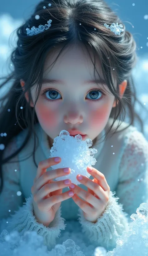 a young girl biting into ice, delicate porcelain skin, rosy cheeks, mesmerizing eyes, long flowing hair, beautiful detailed face, intricately detailed clothing, serene expression, surrounded by sparkling ice crystals, icy blue tones, soft lighting, cinemat...