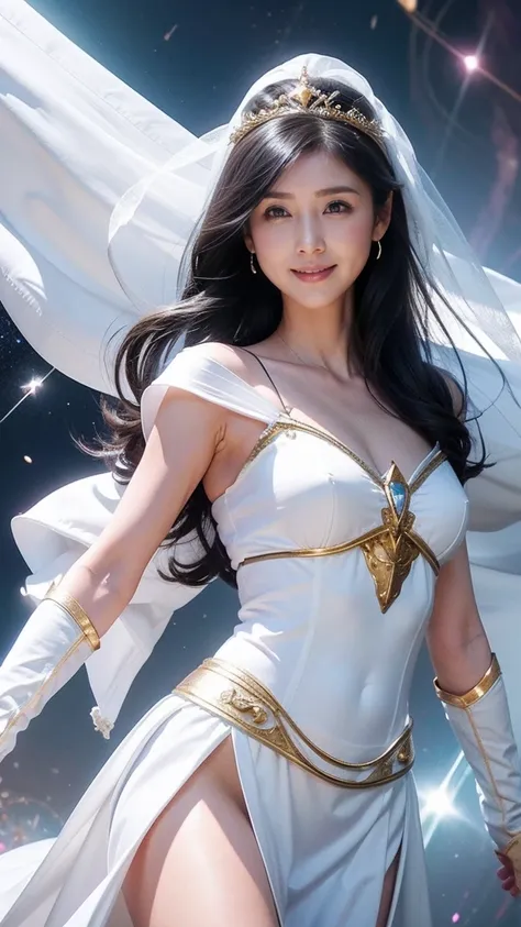 1girl, The Universe, Space Goddess,Gods Law, Goddess of Love, Selflessness、Dedication、Sacrifice、prayer、acceptance、Salvation、White Magic, Mystical veil, Goddess in white armor、White armor with gold edges、White Skirt、White Boots、He is holding a shield.、Circl...