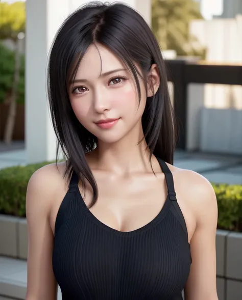 Best Quality, Ultra high definition, (Photorealistic:1.4),Sunset light, Ponytail, detailed photo, Smiling, Sexy, Black shirt, Facing Camera, (masutepiece: 1.3), (8K, Photorealistic, Best Quality), (1girl in), Beautiful face, (Realistic face), (Black hair, ...