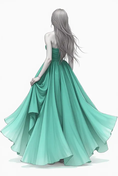 Drawing of a woman wearing a large aqua green dress from behind 