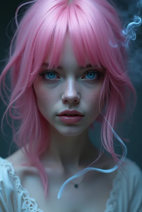 a woman with pink head and blue eyes and one smoke
