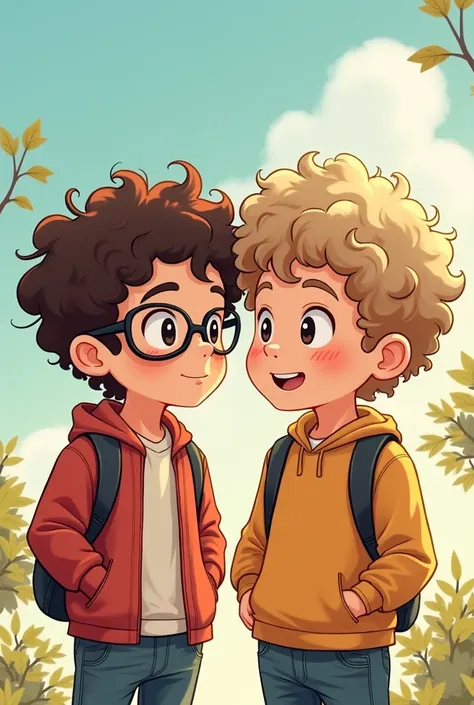 Manwha drawing style of two boys, one with curly brown hair and glasses and the other with curly light hair