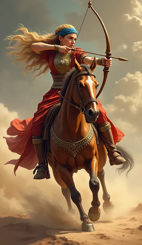 Side view,  A Girl drawing a bow and arrow, showcasing both Western archery styles,  Ride brown Arab horse,  dynamic run horse, Full-body, sole,   brown Arab horse, gorgeous harness, hand grip Bridle, 1 Amazoness,  girl is 20-age, beautiful face, heroic yo...