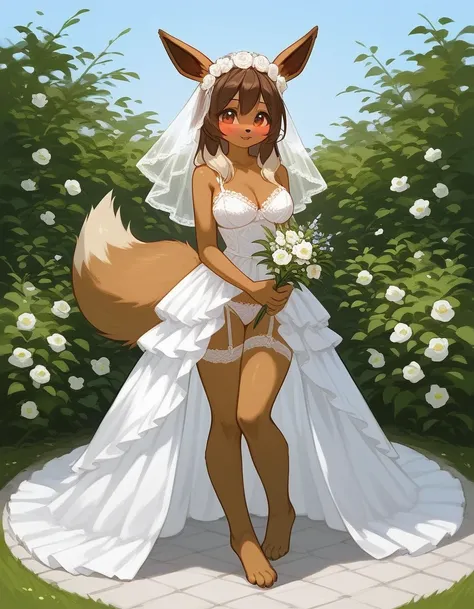 alone, score_9,score_8_up,score_7_up, anthro female eevee, full body, wedding lingerie, holding flowers, blushing, garden background.