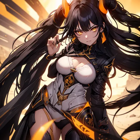 Make a character ALONE with black hair with orange highlights and yellow eyes in a futuristic desert setting, she should have futuristic horns. Your countenance must be serious. Arid and dry landscape