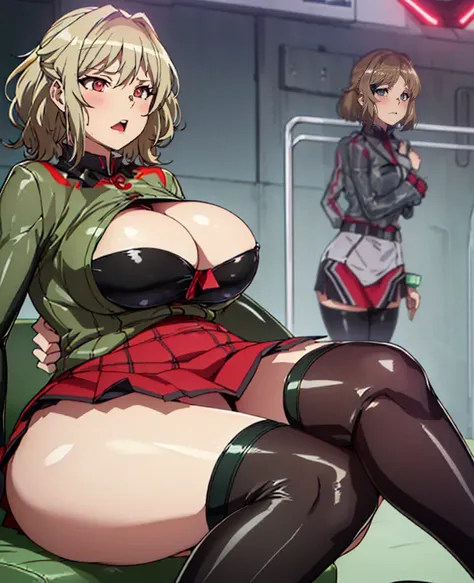 Korean Idol　Mature Woman　(Blonde wavy hair with bangs)　Her big breasts pressed against、Cleavage is exposed.　Black eyeshadow　Smokey Makeup　Dirty makeup　((Bright red plump lips))　((ネオン輝くcyber punkな街))　((Green khaki enamel military uniform tight mini skirt))　...