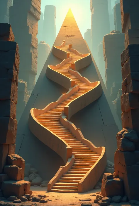 A GAME OF A 3D Pyramid surrounded by a spiral staircase that goes around the pyramid, each step has a number, different challenges and missions to reach the top of the pyramid