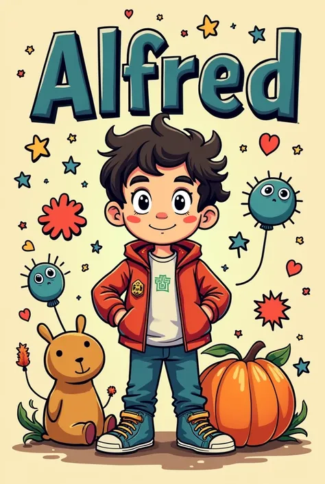 (Cartoon images old font type: 1.2), generate number, Alfred Cosplay Z, in old cartoon type letters, decorated with comic-style symbols, bright colors, with cute little creatures around