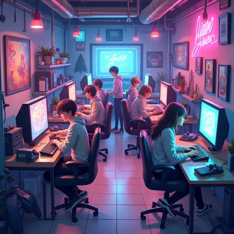 gaming space, geek activities, High definition, anime vibe, welcoming, bonitas, fluffly, computers and consoles, group of 15 people 