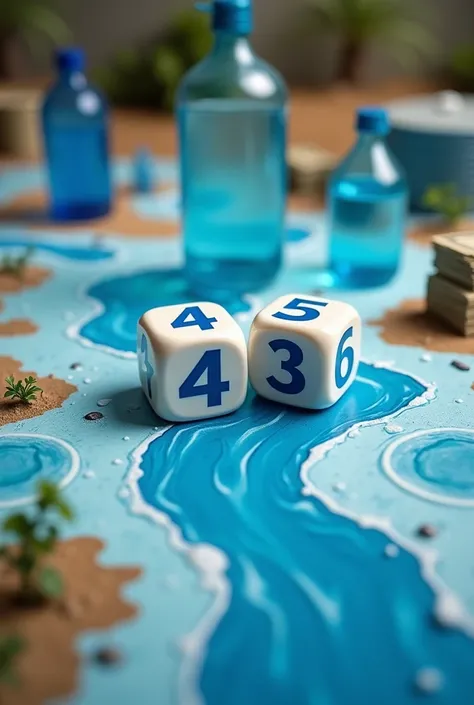 A game board similar to monopoly but the whole game is dedicated to buying water, In some boxes there are rivers drawn. In other boxes there are water tanks drawn. In others there are water jugs drawn. In other boxes there are water bottles drawn.. In the ...