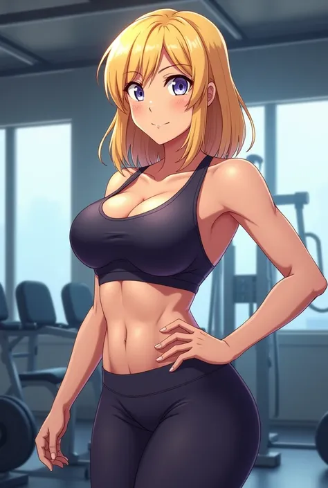 Anime girl, gym attire, fit, curvy hips, medium length hair, blond hair, hair slightly wet, gym background, empty, 