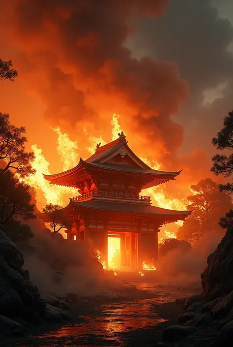 Exquisitely intense, highly dynamic, historical Japanese scene from the era of Oda Nobunaga, depicting the burning of a sacred temple. The landscape includes towering flames consuming the wooden structures of the temple, intricate details of traditional Ja...