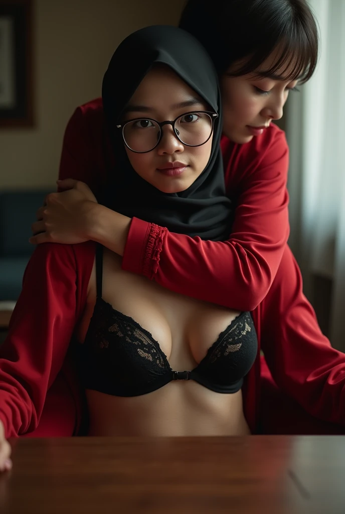 beautiful 35 yo indonesian hijab teacher wearing glass,black bra,medium breast,pale eyes,sat on the table,hug from behind by a 20 yo woman medium breast,short hair,wearing red lingerie,front view