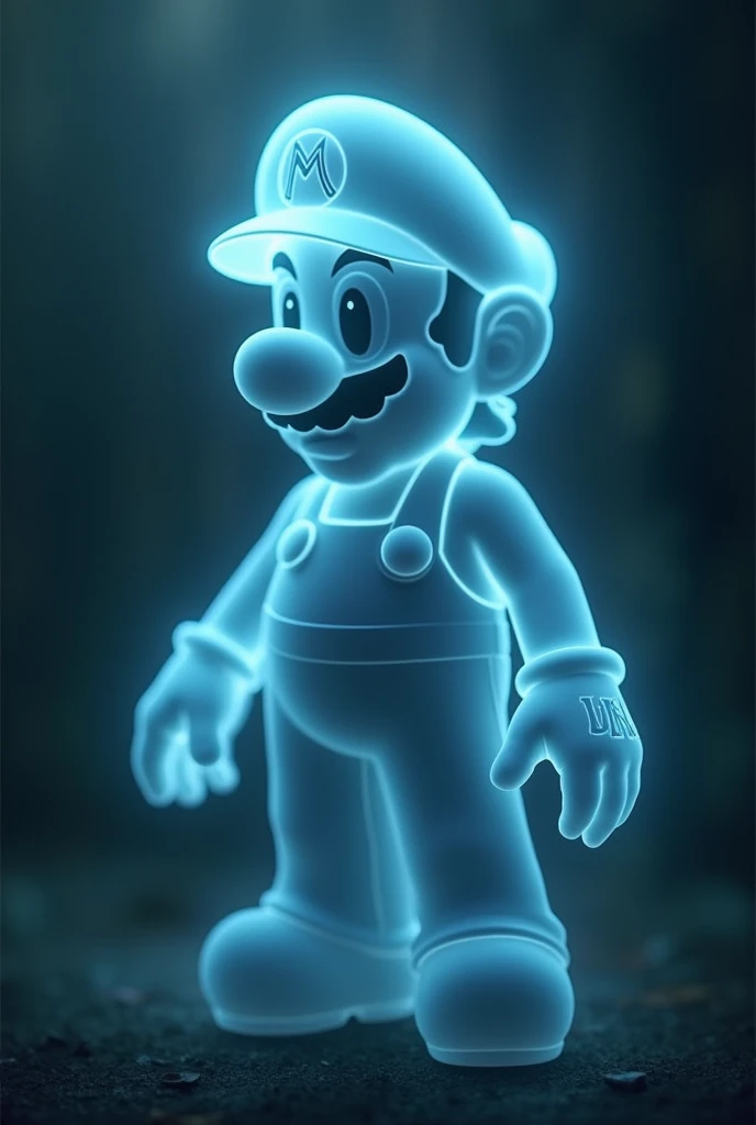 video game Mario combined haunted ghost. No feel. Floating. Translucent blue.