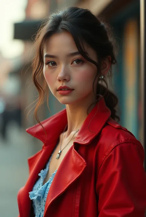 (red rider jacket:1.1), (masterpiece, Best Quality, pretty girl, beautiful face, 8k, raw photo, photorealistic, absurdities:1.2), teenagers, cowboy shot, dutch angle, face light, film grain, chromatic aberration, High resolution, ultra detailed, finely det...