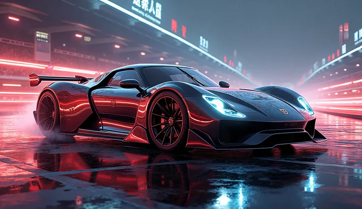 Revolutionary Vision: A 4K UHD oil painting masterpiece by Picassos digital descendant, set at the metropolitan Supercar racetrack. The artwork unfurls like a cyberpunk tapestry, featuring the luxurious 2099 Porche Nuclear Powered V12 Supercharged Concept ...