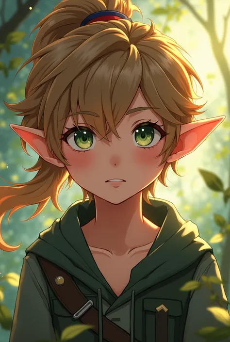 Light brown haired boy with green eyes with elf ears and hair below his shoulders in a more masculine ponytail and with browner hair in an anime style