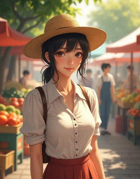 Soft morning light illuminates a bustling market scene, revealing the Japanese 17teen schoolgirl with her enormous G-cup boobs, barely contained in a fitted short-sleeved blouse, spilling out from her chest. A straw hat rests atop her styled hair, and her ...